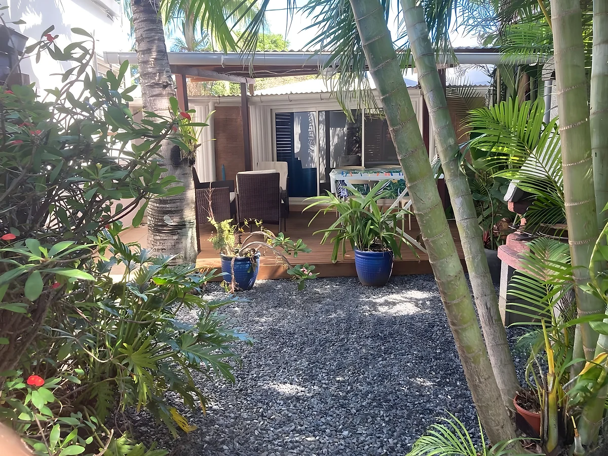 Le jardin du domaine, ses palmiers et ses plantes en pots devant la terrasse du bungalow