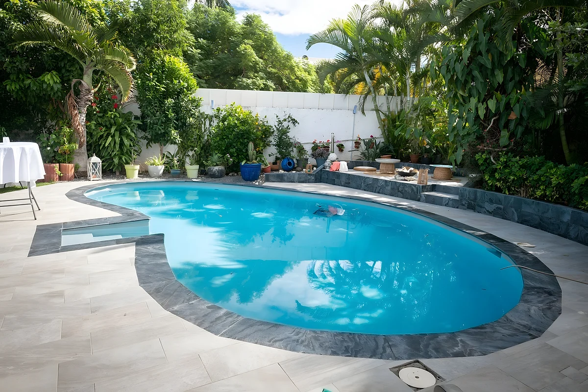 La piscine du domaine, sa margelle de pierre et le jardin tropical