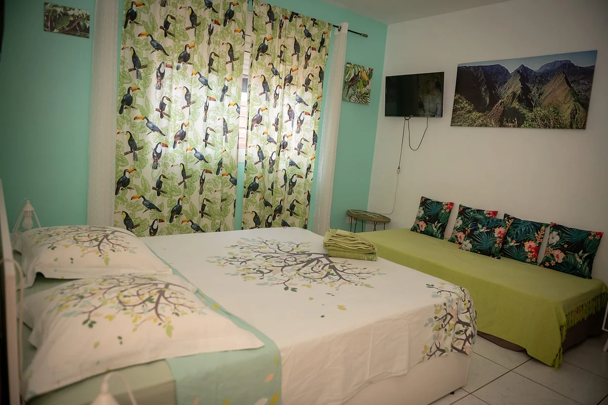 La chambre Toucan, son grand lit, sa banquette et la télévision