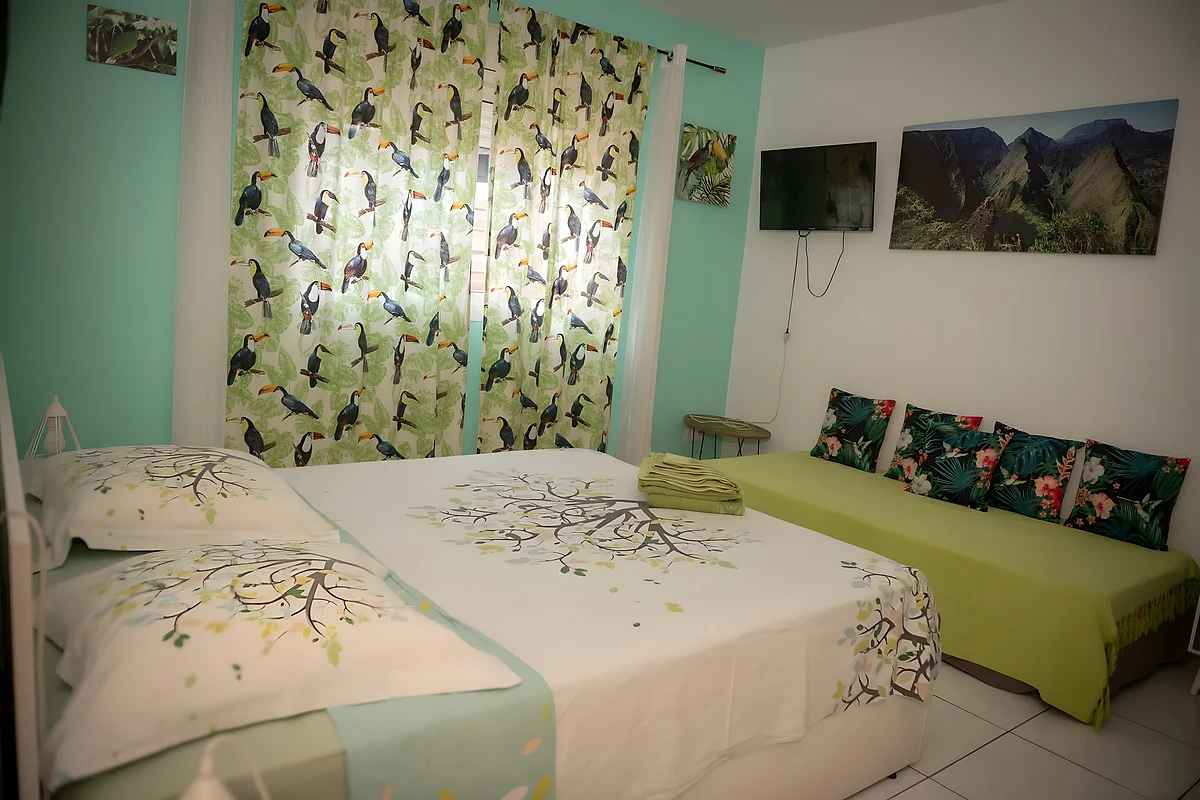 La chambre Toucan, rideaux aux toucans et linge vert d'eau